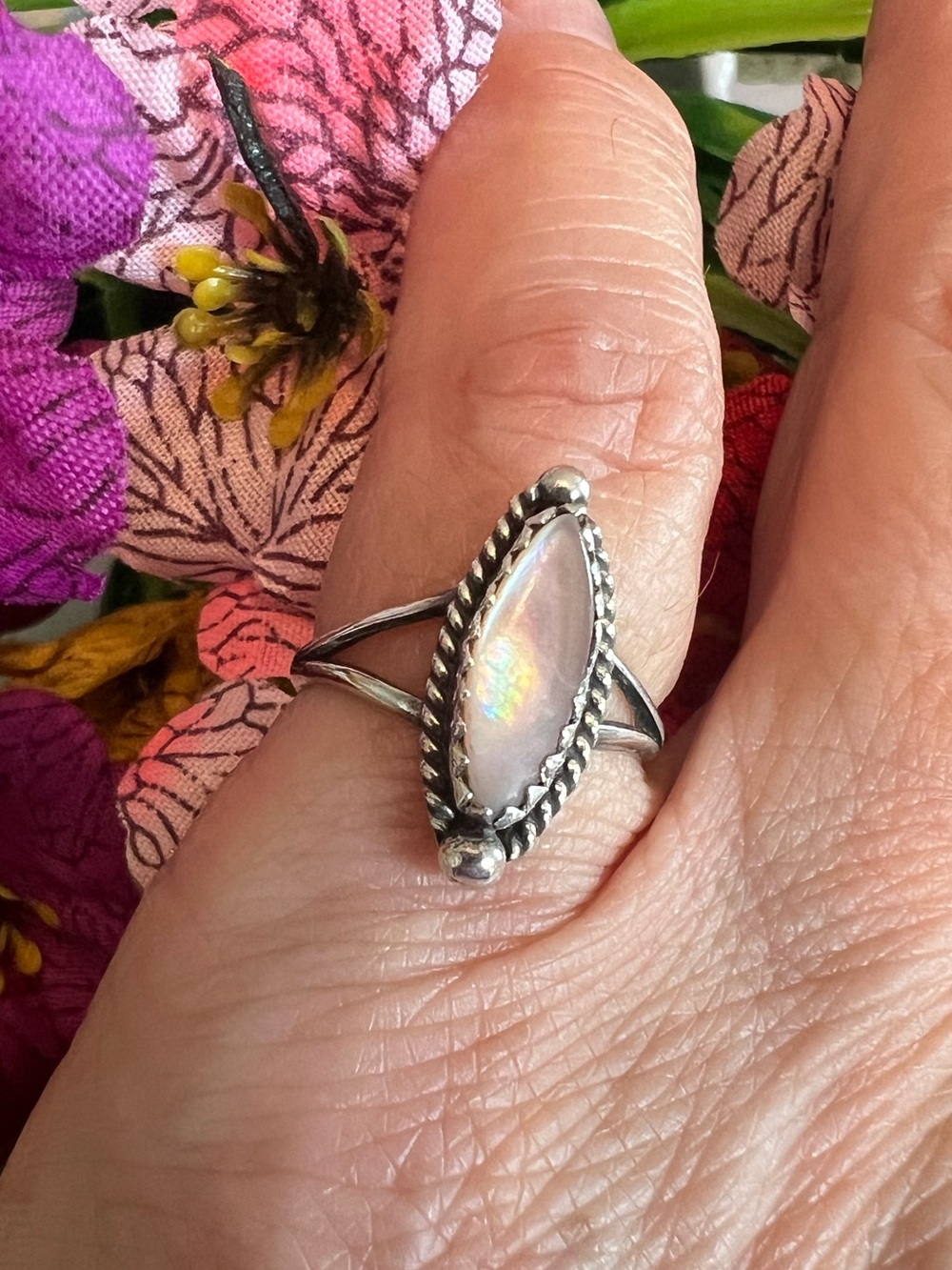 Sterling Silver Iridescent Marquise Pink Mother of Pearl Ring
